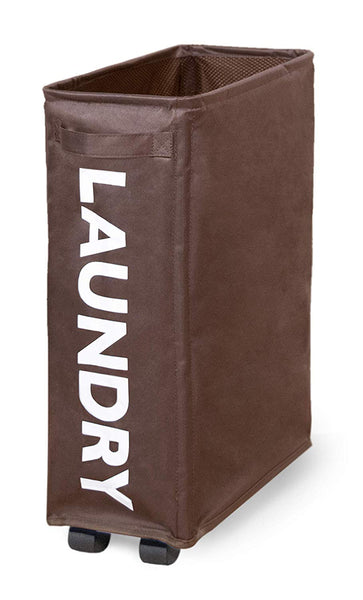Slim Collapsible Laundry Hamper with Lockable Wheels, and Mesh Drawstring Closure